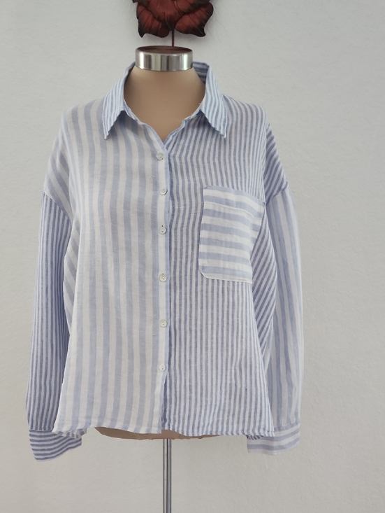 Nicole Miller Tops - NICOLE MILLER | Light Blue & White Striped Button-Up Shirt 100% Linen